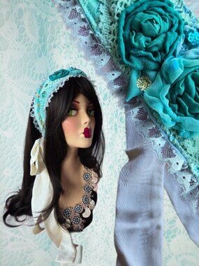 Handmade Aqua and Mint Green Crazy Quilt Embroidered Rose Sash Y2k-Style Mermaid